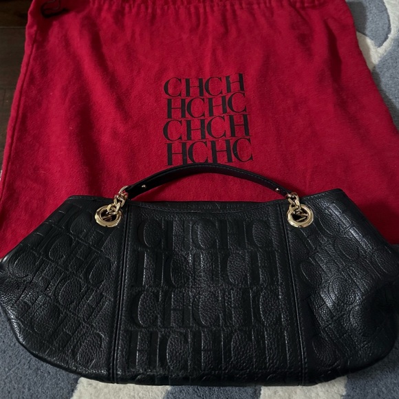 Carolina Herrera Black Embossed Hobo Shoulder Bag - Picture 1 of 3